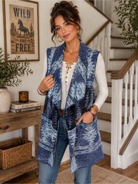 Orvis Canyon Lands Wool Linen Aztec Open Front Sweater Cardigan Size Large NWT